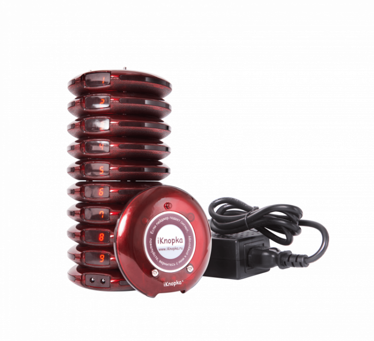 Комплект из 10 пейджеров-приемников iKnopka R18 с зарядной станцией и БП артикул R18-10-1                  